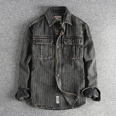 Men's British Retro Black Gray Striped Denim Shirt